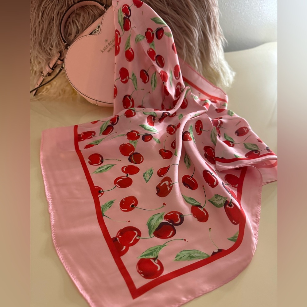 Satin Square Scarf 27” Pink with Cherry Print